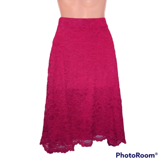 Onyx, Raspberry Pink Lace-overlay midi skirt. M 8 / 10 - Picture 5 of 6